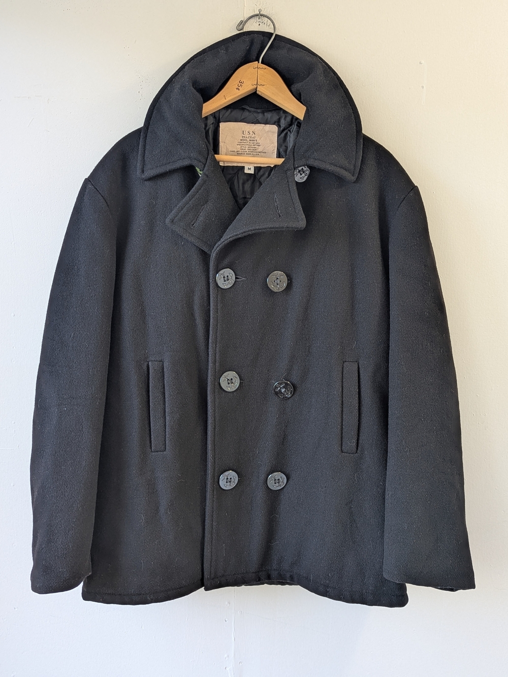 Vintage Y2K USN United States Navy Style Pea Coat Heavyweight Wool Black Medium